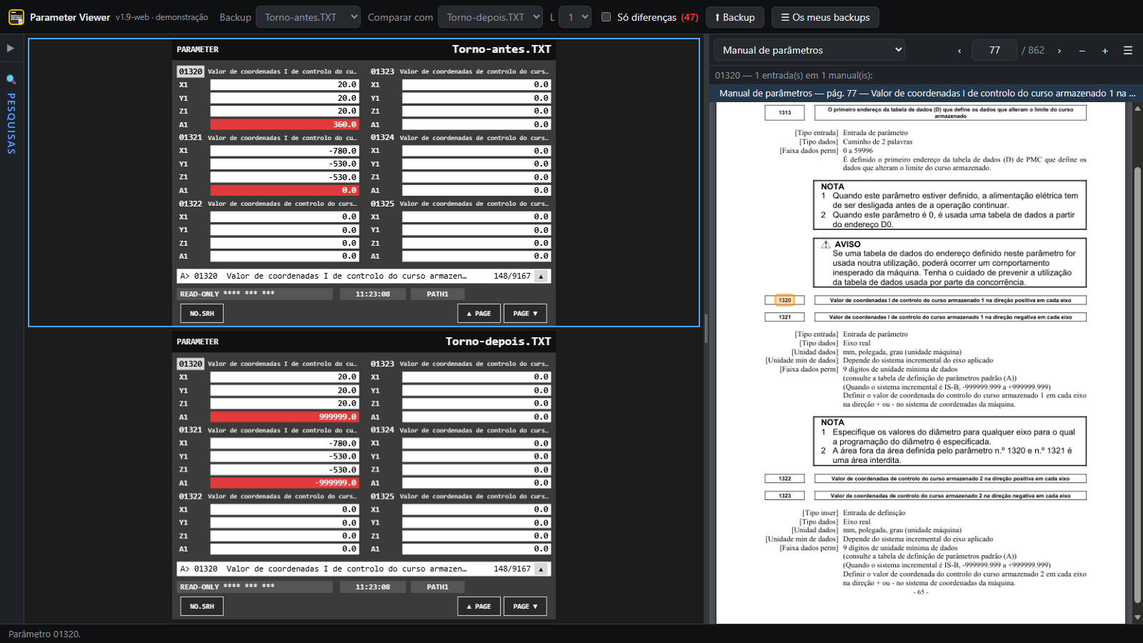 Dois backups lado a lado com as diferenças a vermelho e o manual aberto no parâmetro selecionado